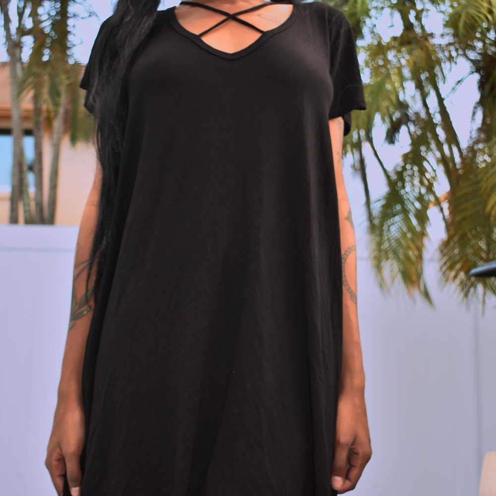 Cross strap black dress